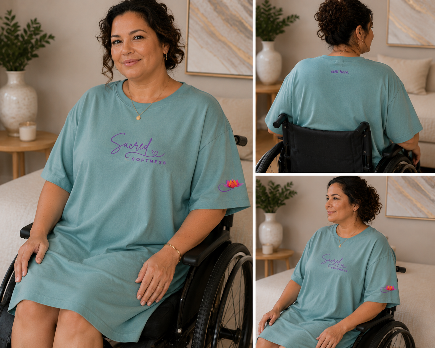 Plus-size woman in a wheelchair wearing a soft teal Sacred Softness oversized sleep shirt with lotus sleeve detail and “still. here.” neckline accent.