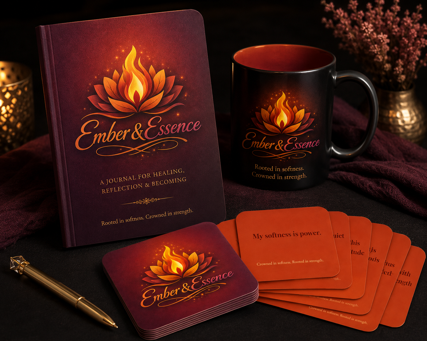 Elegant Ember & Essence self-care collection featuring affirmation cards, a guided journal, and a matching mug styled in warm gold, orange, and burgundy tones with a cozy luxury aesthetic.