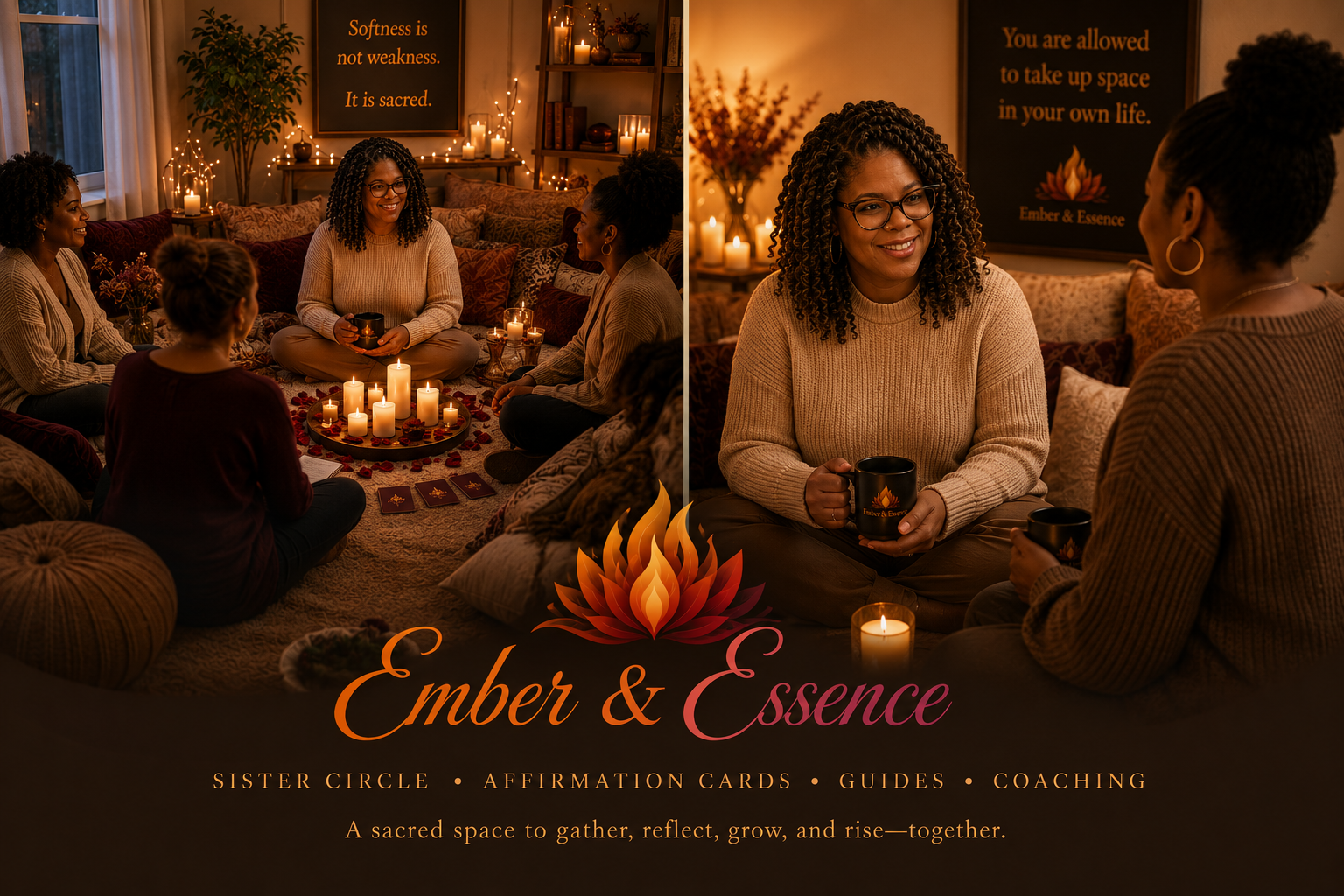 Warm Ember & Essence sister circle featuring women gathered in a cozy candlelit space with affirmation cards, mugs, soft seating, and reflective conversation in a calming luxury atmosphere.
