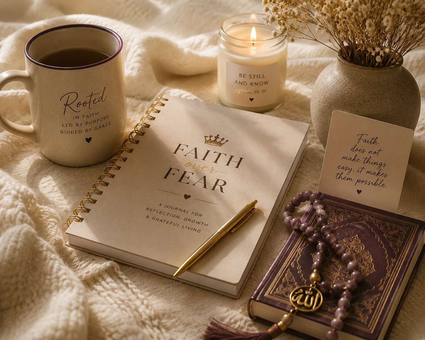  flat-layout with a Quran, reflection journal, candle, mug, and soft cozy textures in warm cream tones.