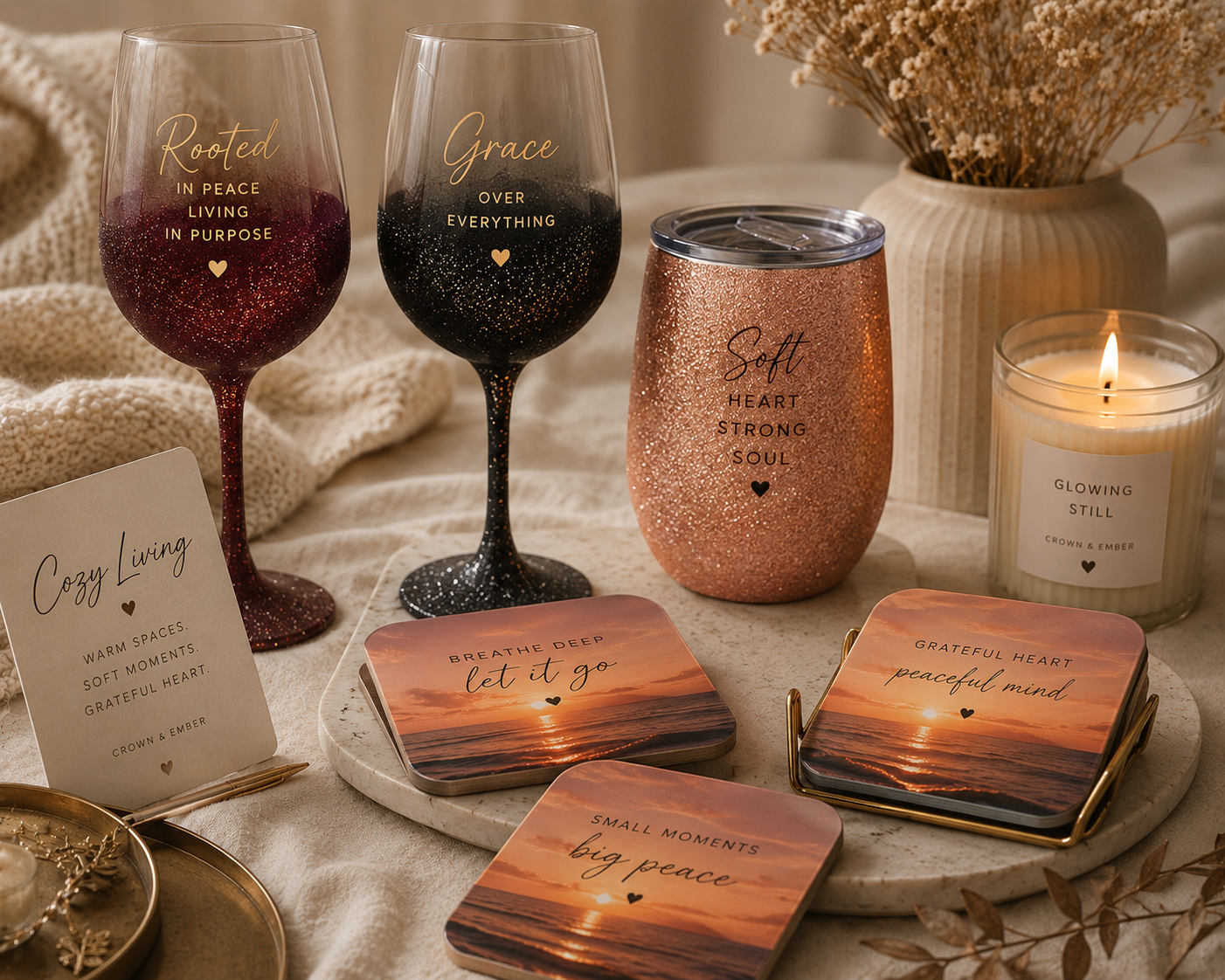 Cozy neutral-toned flat-lay featuring glittered stainless steel wine tumblers, sunset coasters, candlelight, and warm home décor accents