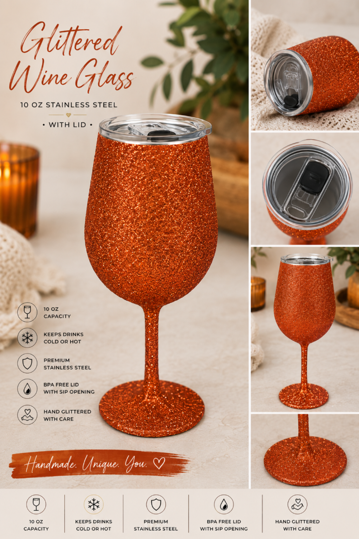 Hand Glittered 10 oz Stainless Steel Stemmed Tumbler with Lid
